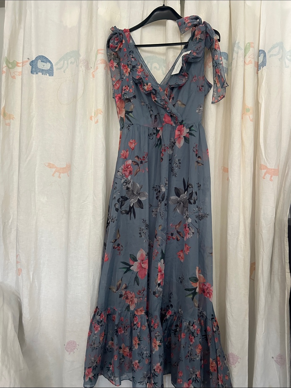 French Connection Slate Blue Maxi Dress with Pink Floral 10